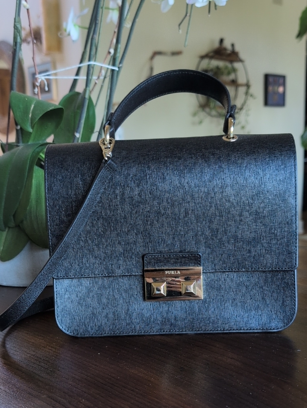 Furla Bella Black Saffiano-Style Top Handle Satchel